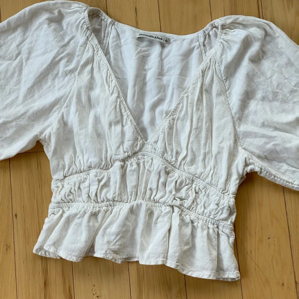 Abercrombie & Fitch Boho White Linen Blend Peplum Top Puff Sleeve Ruched - Large